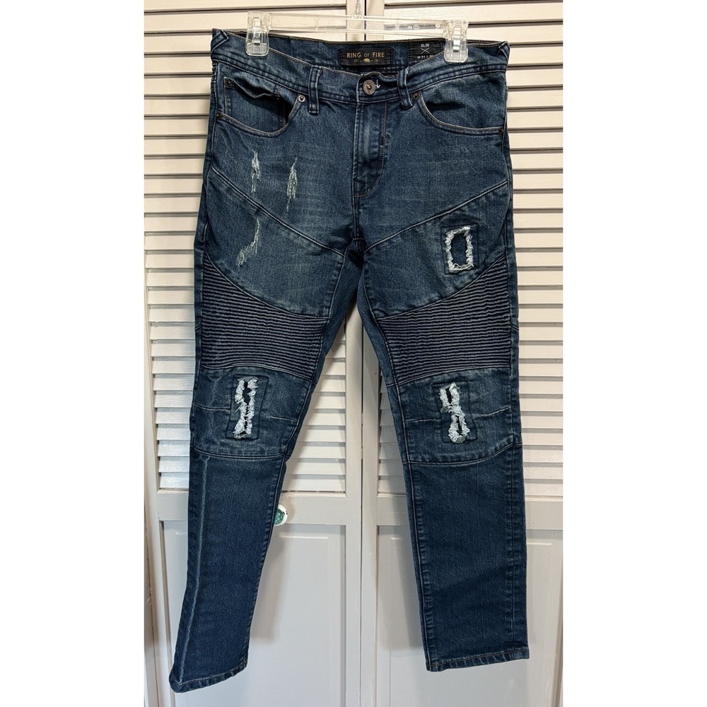 Ring Of Fire Slim Fit‎ Denim Jeans Med Wash Size 31x30 Low Rise Logo Distressed